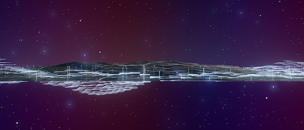 Un fondo púrpura y azul con un horizonte de la ciudad en primer plano