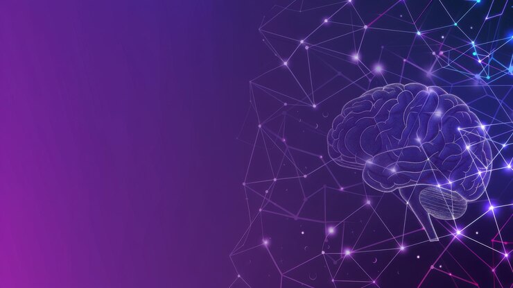 Un fondo púrpura con un cerebro en el centro