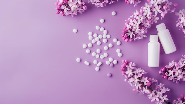 un fondo púrpura con flores blancas y púrpuras y salpicaduras en forma de corazón