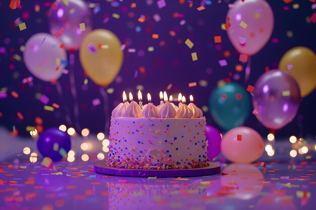 Un fondo púrpura con globos y elementos de confeti