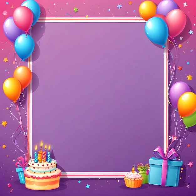 un fondo púrpura con globos y un marco con un pastel de cumpleaños en él