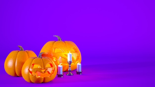 Fondo púrpura de Halloween con linternas de calabaza naranja y velas renderizado 3d