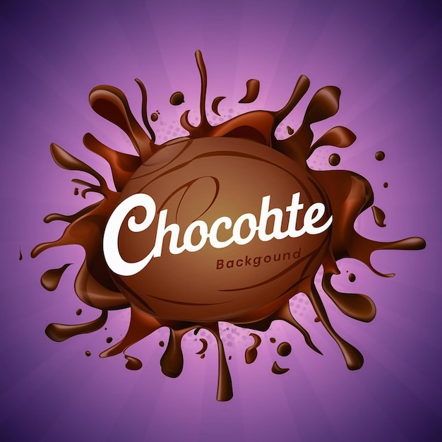 un fondo púrpura con una imagen de una bola de chocolate y salpicaduras de chocolate