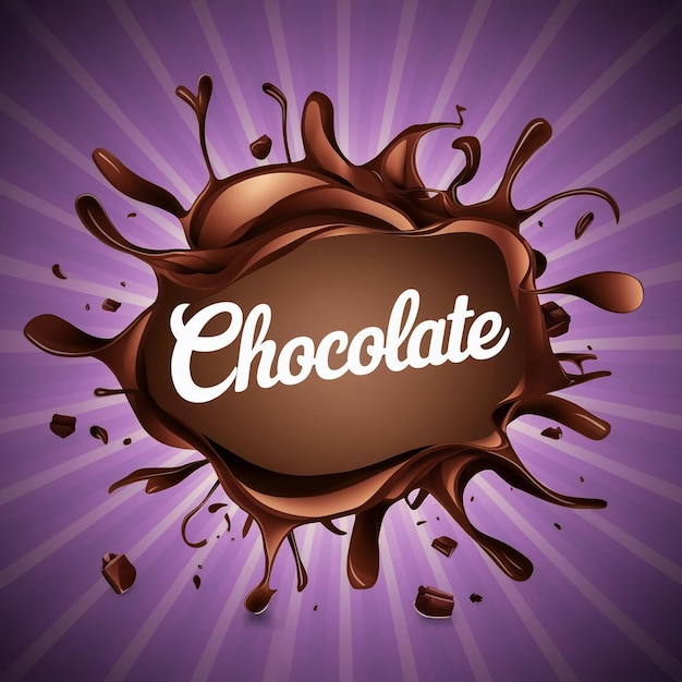 un fondo púrpura con una imagen de chocolate y salpicaduras de chocolate