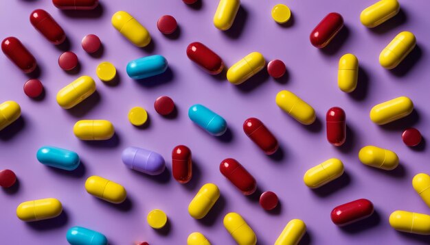 Foto un fondo púrpura con muchas pastillas de diferentes colores
