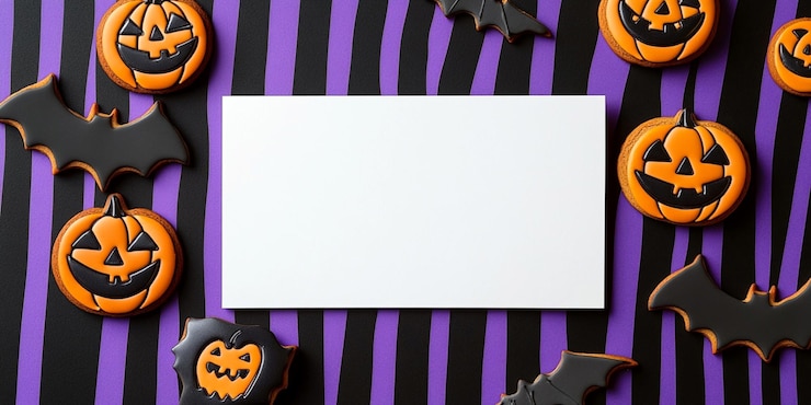 un fondo púrpura y negro con calabazas y calabazas