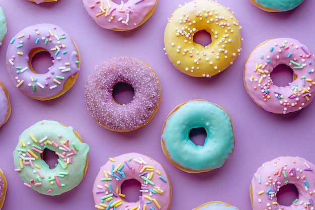 un fondo púrpura con rosquillas y salpicaduras de colores