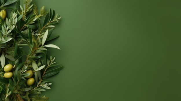 Foto fondo rama de olivo sobre un fondo verde aceitunas verdes aceite de oliva banner verde ai generativo