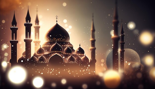 Fondo de ramadán futurista con mezquita y bokeh IA generativa