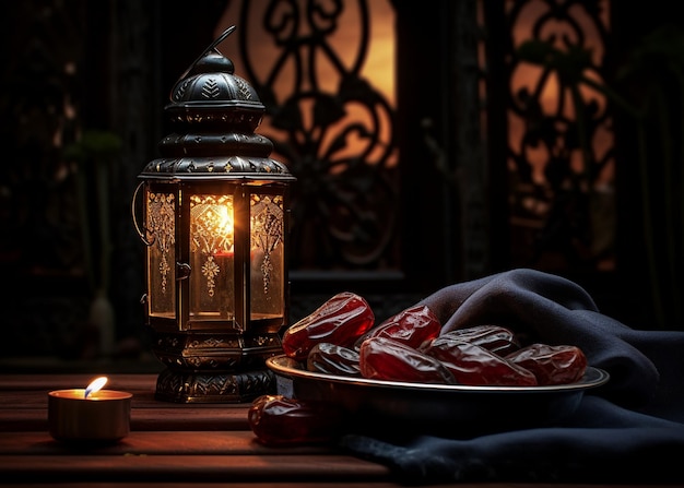 Fondo de Ramadan Kareem con fechas y linterna en una mesa de madera
