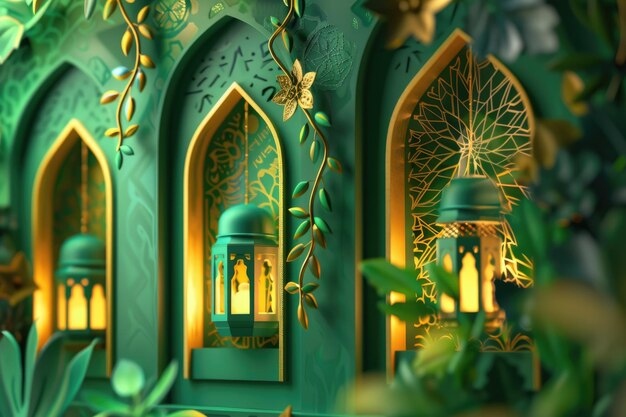 Fondo de Ramadan Kareem con linternas árabes y flores en la habitación verde