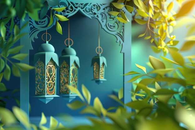 Fondo de Ramadan Kareem con linternas árabes y flores en la habitación verde