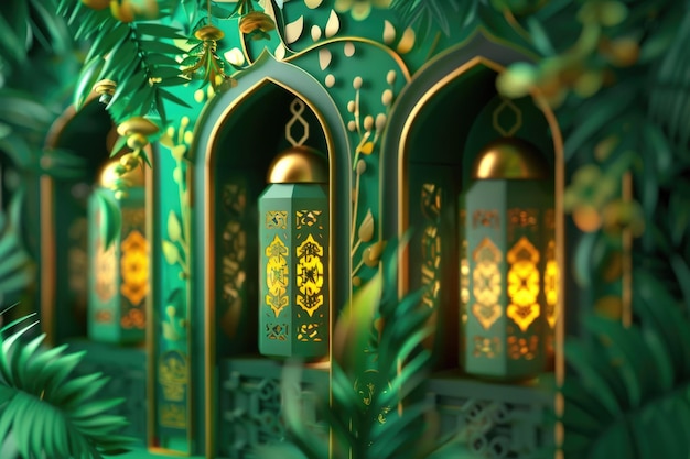 Fondo de Ramadan Kareem con linternas árabes y flores en la habitación verde