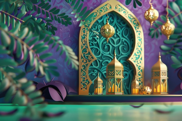 Fondo de Ramadan Kareem con linternas árabes y rodeado de hojas con un tema púrpura