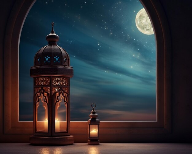 Fondo de Ramadan Kareem con linternas árabes tradicionales en 3D