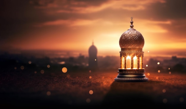 Fondo de Ramadán Kareem con mezquita y linterna al atardecer