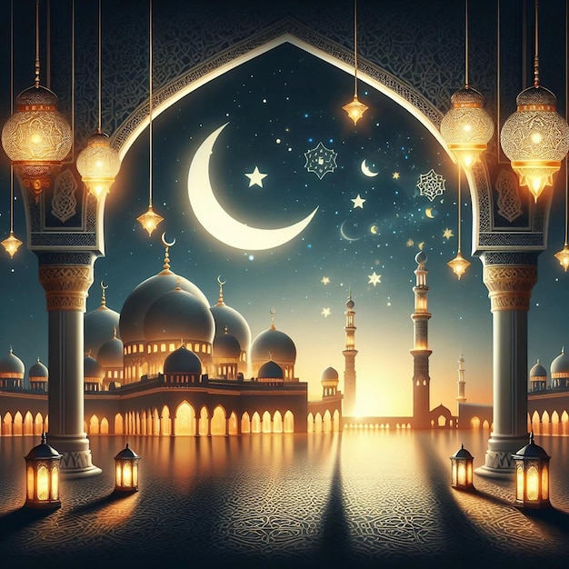 Fondo de Ramadán Kareem y mezquita con luna creciente Ai generativo