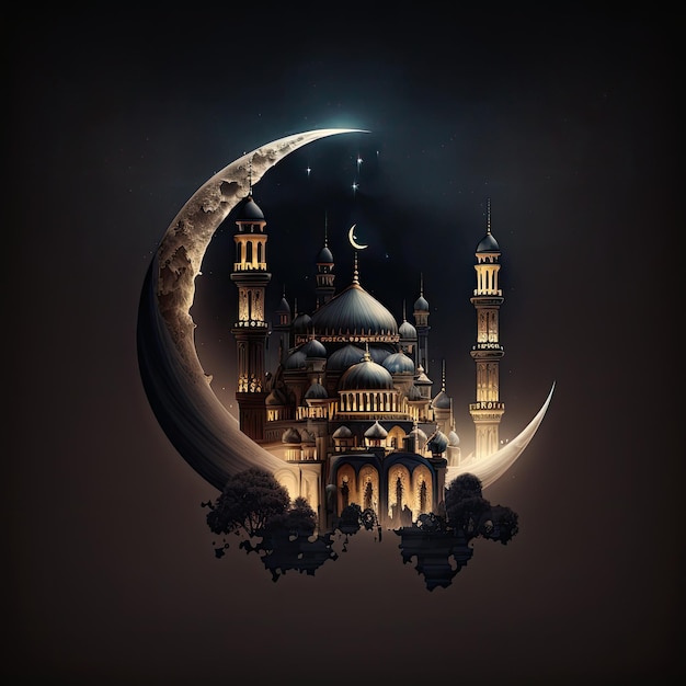 Fondo de Ramadán Kareem con Mezquita y Luna Creciente Representación 3d