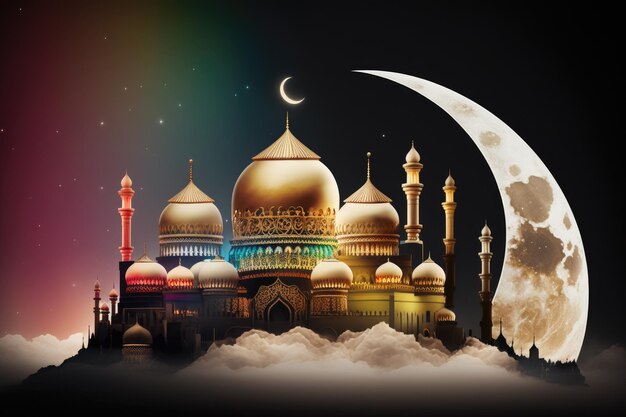 Fondo de Ramadán Kareem con Mezquita y Luna Creciente Representación 3d