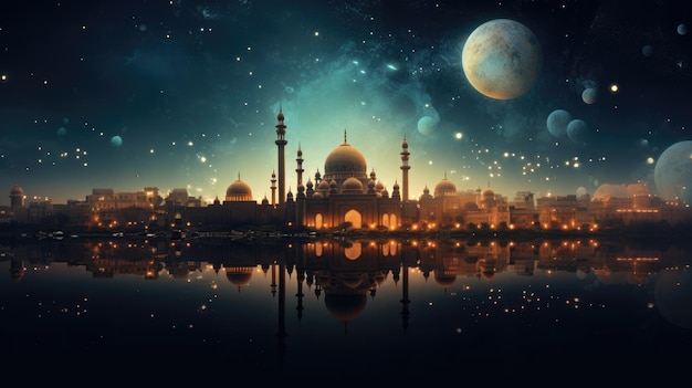 Fondo de Ramadán Kareem con mezquita y luna Fondo de saludos de Eid Vista nocturna de la mezquita