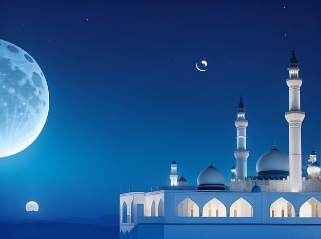 Fondo de Ramadán con mezquita blanca y vista nocturna de la luna