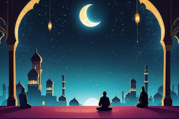 fondo de Ramadán con pareja musulmana orando con ilustración de la mezquita escena de la noche sagrada de Ramadan