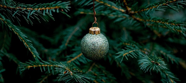 Fondo de ramitas verdes de un árbol de Navidad con bola de colores brillantes