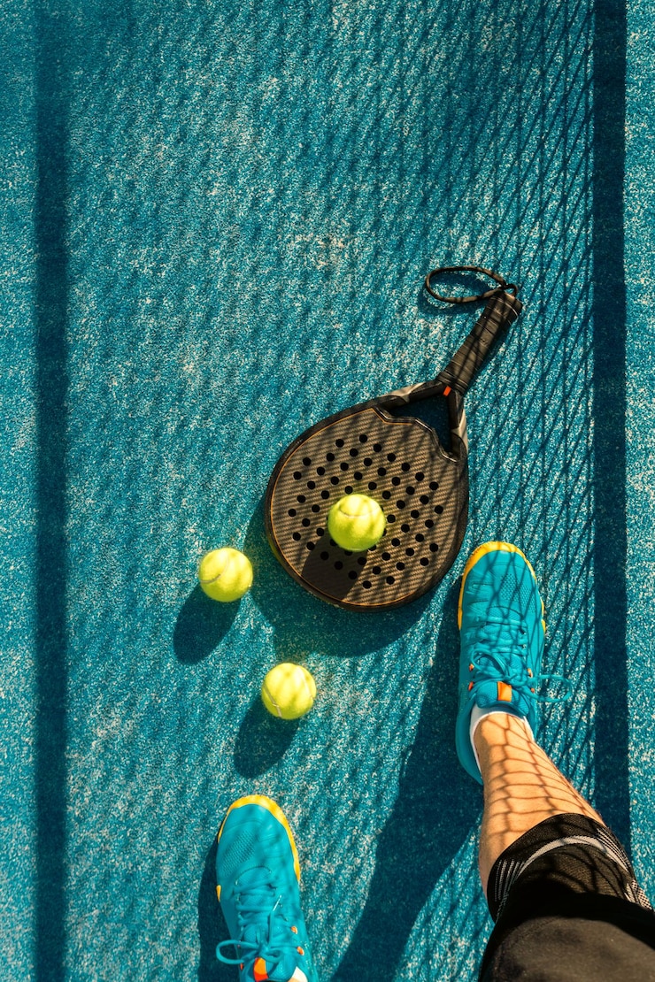 Foto fondo de raqueta de tenis de padel con cancha deportiva y bolas en el espacio de copia