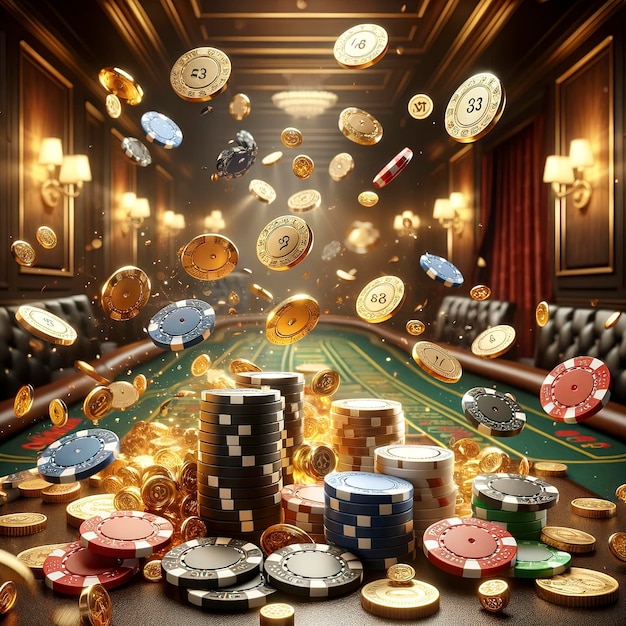 Fondo realista del casino con fichas voladoras monedas de oro y dados