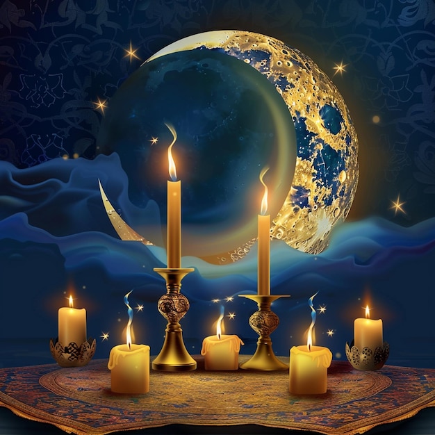 fondo realista de Eid Mubarak con velas y luna