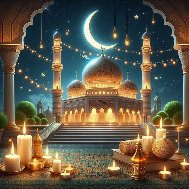 Foto fondo realista de eid mubarak con velas y mezquita