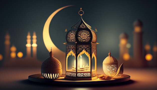 Fondo realista de ramadan kareem eid mubarak con luna creciente y mezquita AI generativa