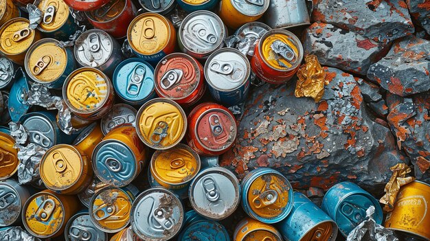 Fondo de reciclaje de metal de aluminio residuos triturados pueden comprimir bien y empaquetar los residuos de las latas de cerveza concepto de reciclado IA generativa