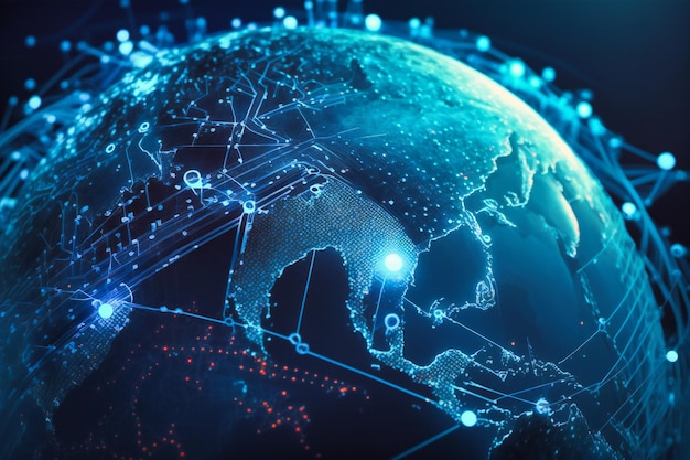 Un fondo de red global de Internet con conexiones azules vibrantes muestra el poder de la comunicación mundial y el intercambio de datos