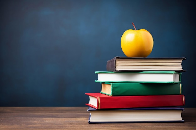 Fondo de regreso a la escuela con libros y manzana sobre pizarra Pila de libros escolares sobre la mesa