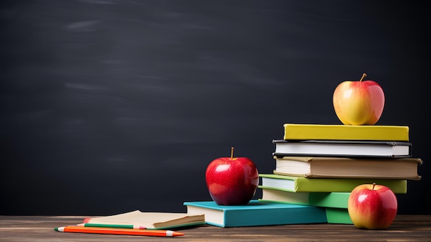 Fondo de regreso a la escuela con libros, manzanas y lápices sobre pizarra Creado con tecnología de IA generativa