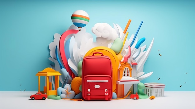 fondo de regreso a la escuela mochila en el estilo de la escultura 3D en un fondo sólido liso