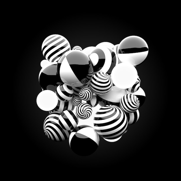 Fondo de renderizado 3D. Materiales reflectantes. Los patrones de rayas y las esferas brillantes forman una figura masiva abstracta en el centro del marco.