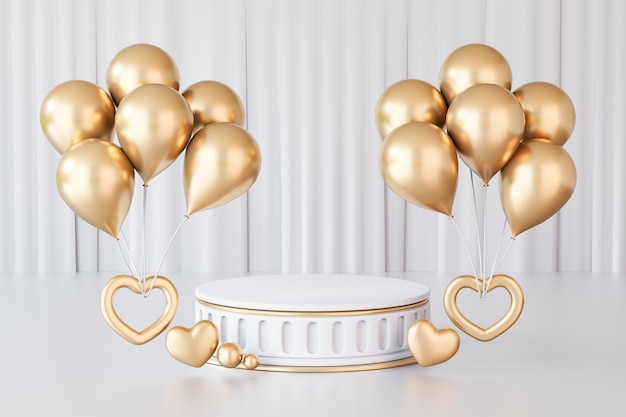 Fondo de renderizado 3D. Podio de escenario de cilindro de oro de estilo romano blanco con globo de oro y corazón de oro sobre fondo de cortina blanca. Imagen para presentación.