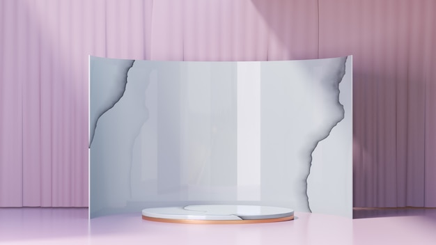 Fondo de renderizado 3D. Podio de escenario de cilindro de oro de mármol blanco y productos de exhibición de fondo de mármol y un muro cortina de color rosa claro. Imagen para presentación.