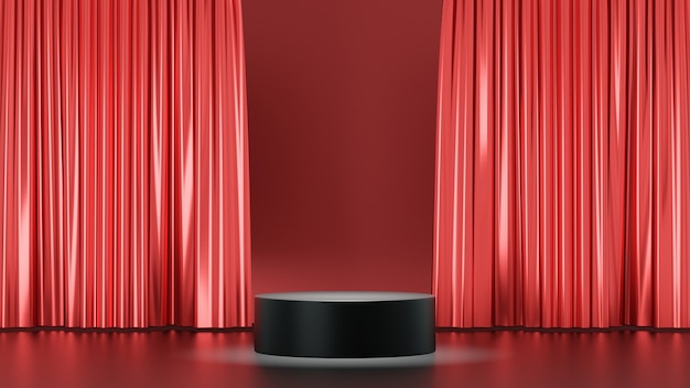 Fondo de renderizado 3D. Productos de exhibición de podio de escenario negro con una pared de círculo rojo y un fondo brillante de cortina. Imagen para presentación.