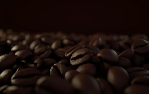 Fondo de representación 3d de granos de café recién tostado oscuro Vista superior Masas de granos de café de cerca