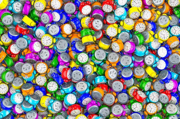 Fondo de representación 3D de relojes de alarma de colores