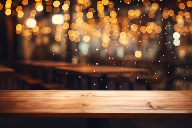 El fondo de un restaurante está borroso y muestra una mesa de madera iluminada con luces parpadeantes.