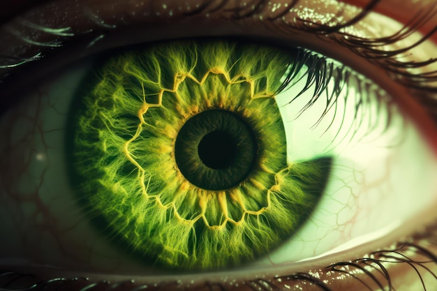 El fondo de la retina verde del ojo humano en supermacro de primer plano