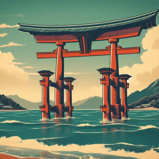 Fondo retro del día de Showa con la tradicional puerta torii japonesa