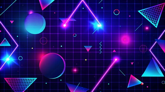 Fondo retro futurista abstracto con formas de neón brillantes y cuadrícula