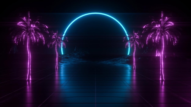 Fondo retro de neón con un corredor entre palmeras a un arco de neón - 3D rendering