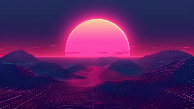 Fondo retro de onda sintética con cuadrícula de montaña de neón puesta de sol rosa Ilustración moderna de fondo de onda retro en estilo de los años 80