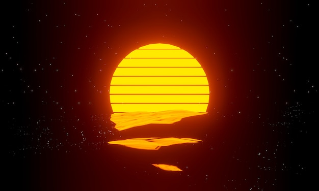 Fondo retro puesta de sol de los años 80. Paisaje futurista con ola de sol del estilo de los años 80. Render 3D de cartel, banner.